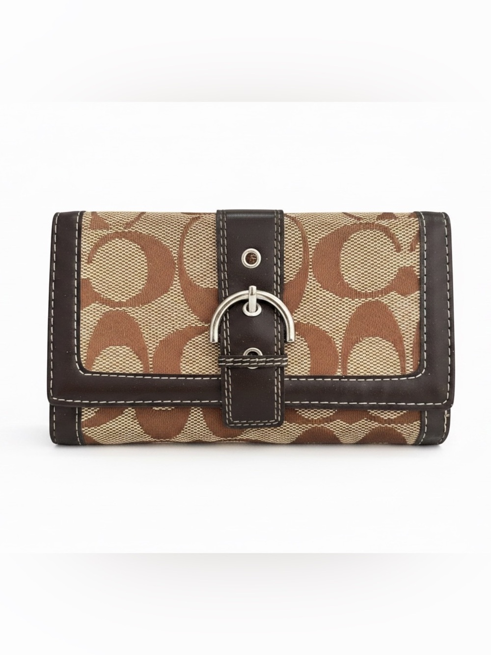 Coach Signature Pattern Buckle Continental Wallet in Brown